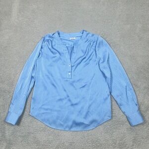 J.Crew Womens XS Light Blue Satin Stripe Long Sleeve Split Neck Blouse Top